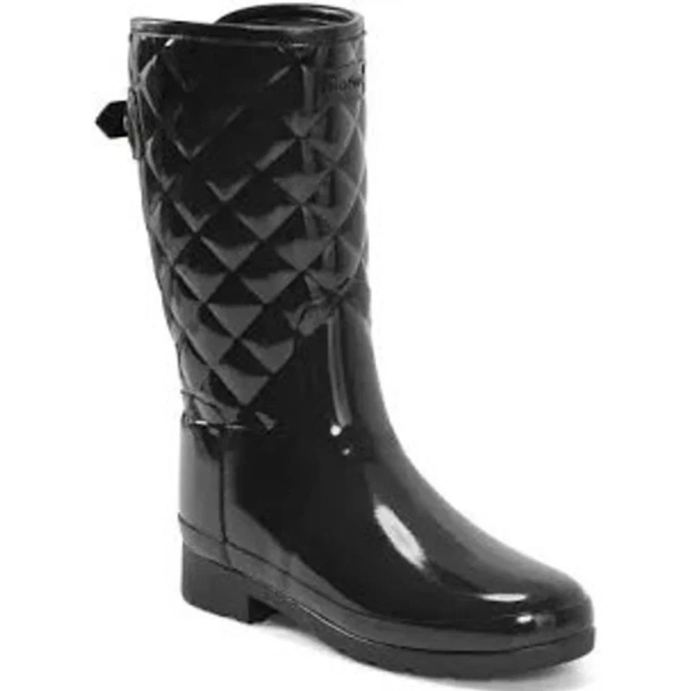 Hunter refined high gloss quilted mid calf rain‎ boots black women's size 11
